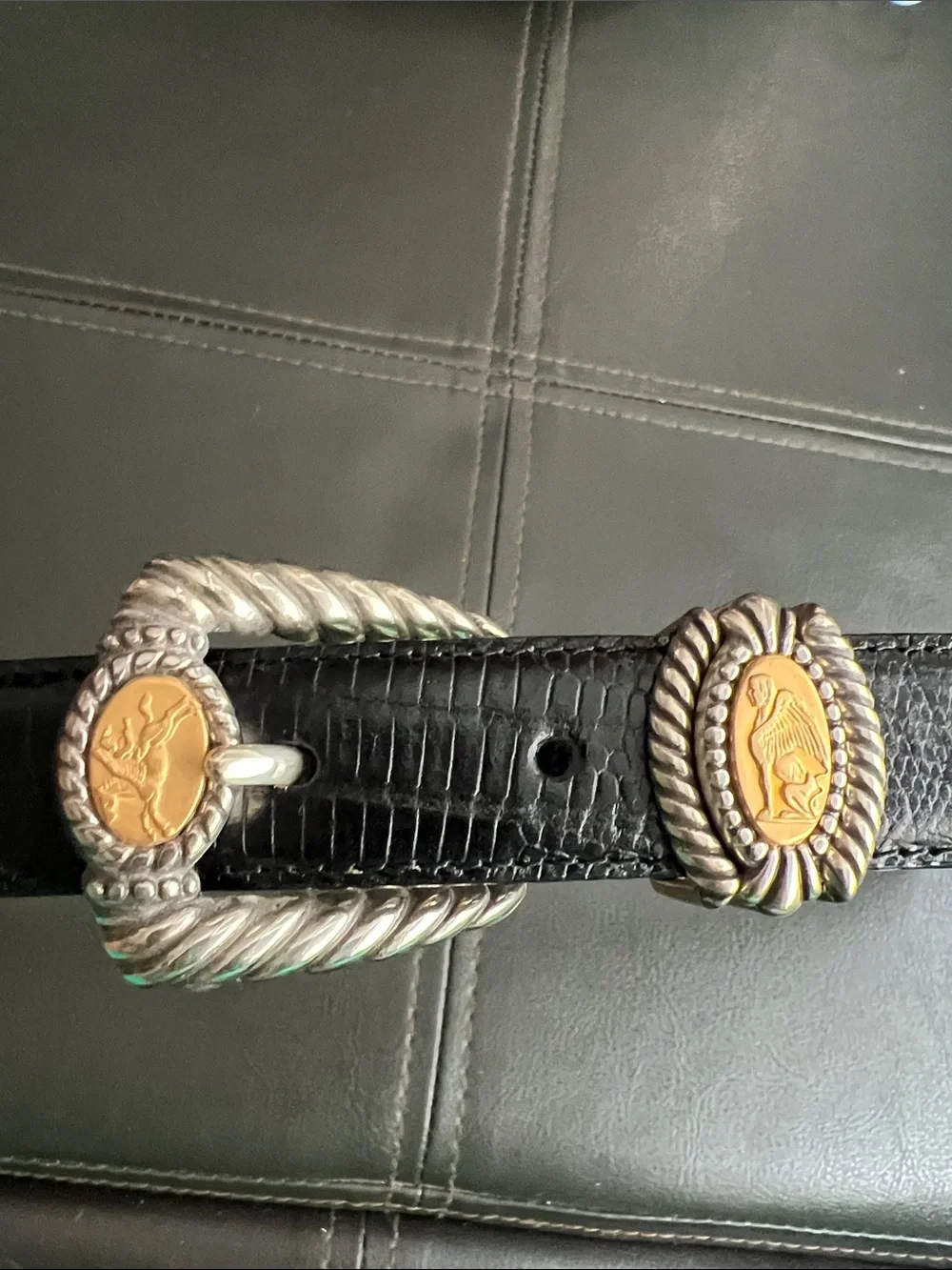 Brighton Museum Collection Black Leather Belt with Gold-Tone Coins Size Large
